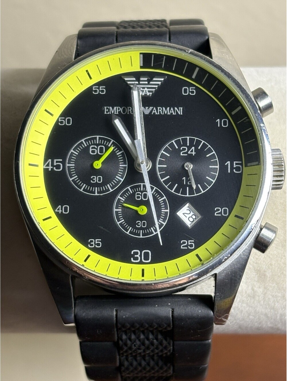 Emporio Armani Sportivo AR-5866 Men's Chronograph Black Silicone Watch 43mm Runs